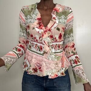 VINTAGE | Y2K Blush Floral Ruffle & Lace Long Sleeve Plisse Wrap Blouse Size M
